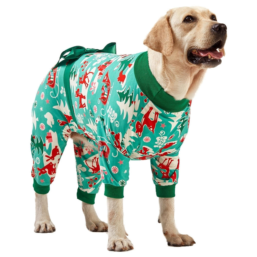 LovinPet Large Dog Pajamas 1 Piece- Reindeer and Green Christmas Bow Design for